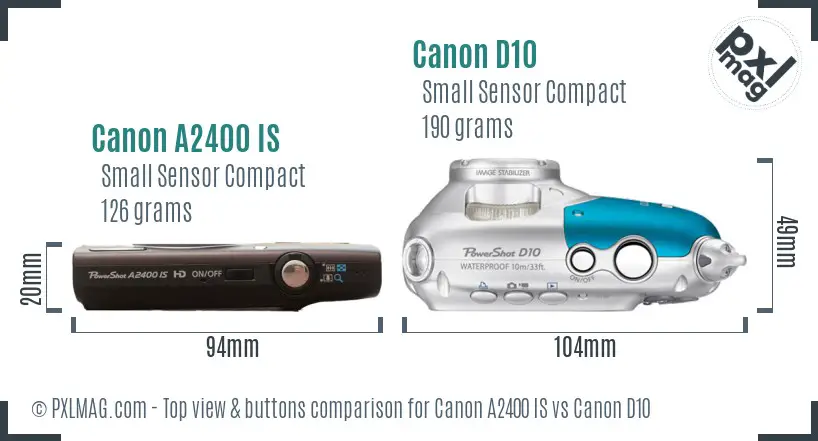 Canon A2400 IS vs Canon D10 top view buttons comparison