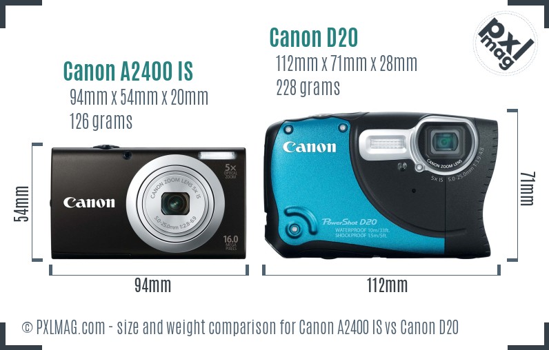 Canon A2400 IS vs Canon D20 size comparison