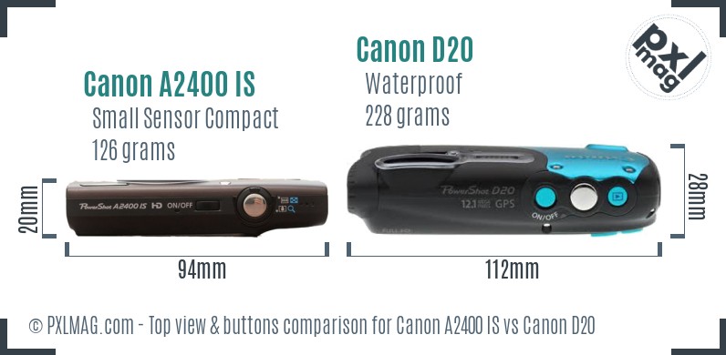Canon A2400 IS vs Canon D20 top view buttons comparison