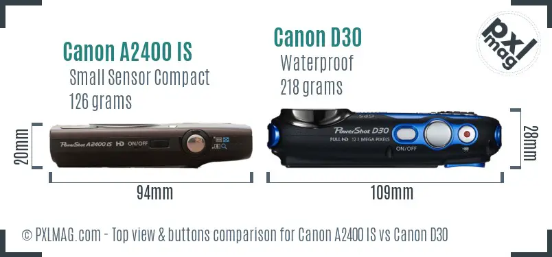 Canon A2400 IS vs Canon D30 top view buttons comparison