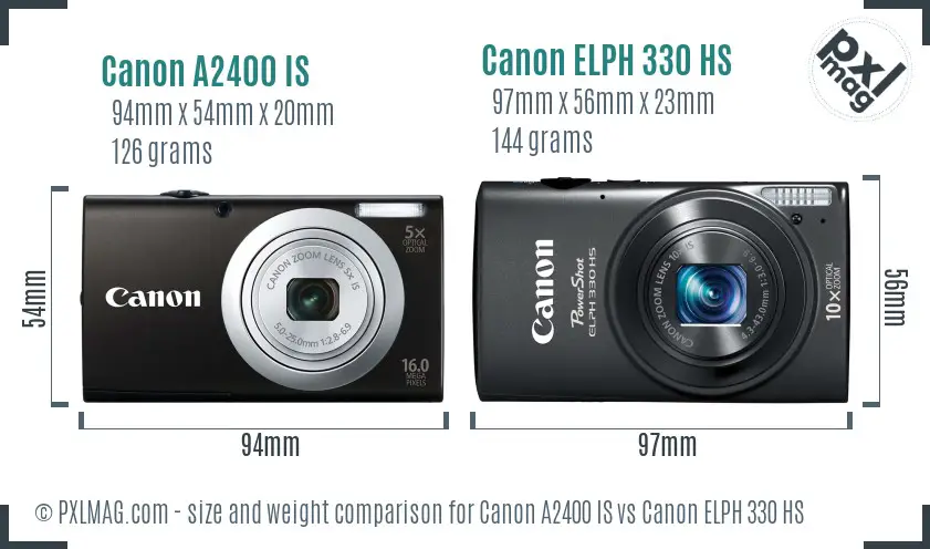 Canon A2400 IS vs Canon ELPH 330 HS size comparison