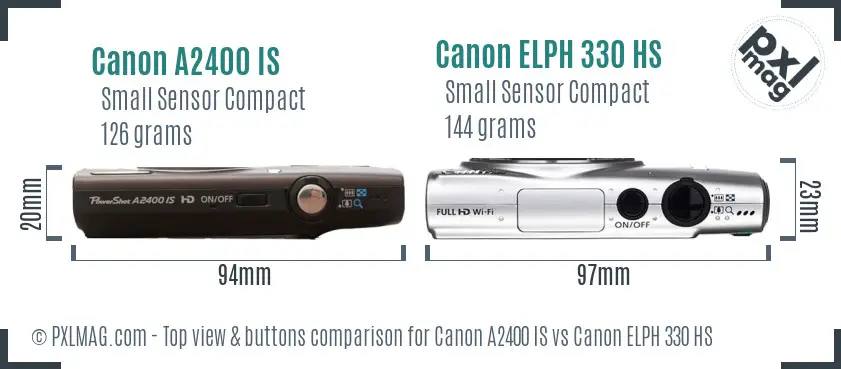 Canon A2400 IS vs Canon ELPH 330 HS top view buttons comparison