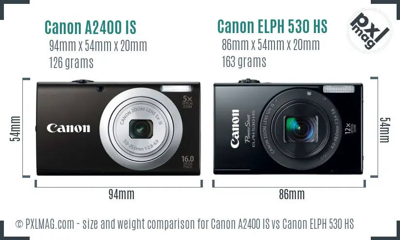 Canon A2400 IS vs Canon ELPH 530 HS size comparison