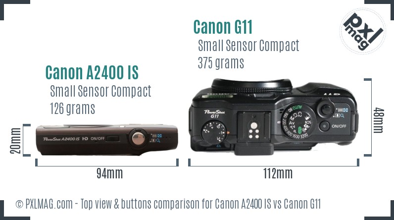 Canon A2400 IS vs Canon G11 top view buttons comparison