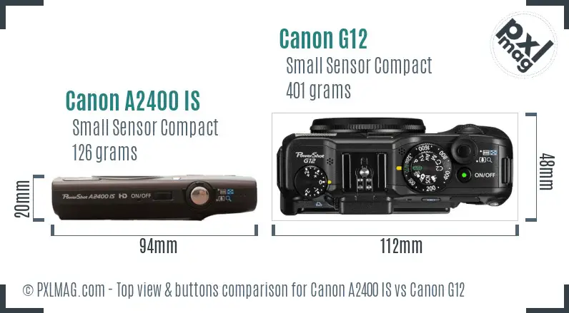 Canon A2400 IS vs Canon G12 top view buttons comparison