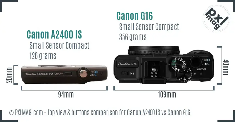 Canon A2400 IS vs Canon G16 top view buttons comparison