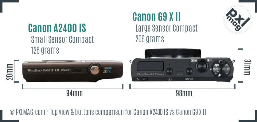 Canon A2400 IS vs Canon G9 X II top view buttons comparison