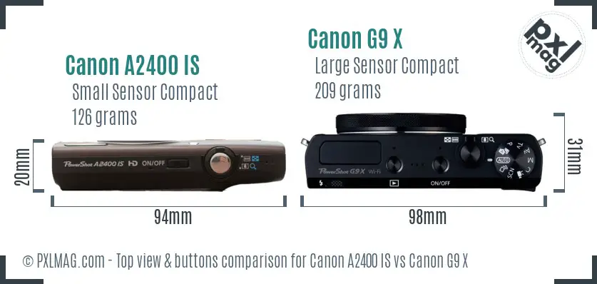 Canon A2400 IS vs Canon G9 X top view buttons comparison Canon A2400 IS vs Canon G9 X top view buttons comparison