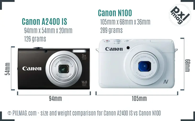 Canon A2400 IS vs Canon N100 size comparison