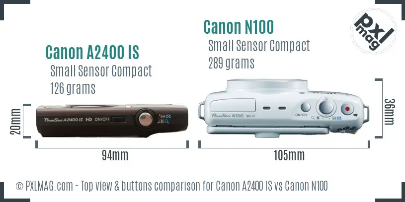 Canon A2400 IS vs Canon N100 top view buttons comparison