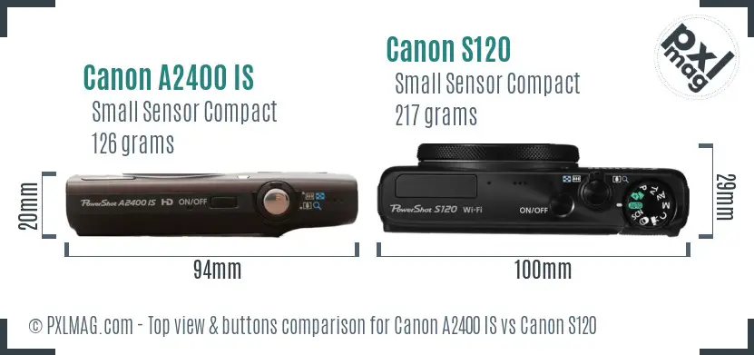 Canon A2400 IS vs Canon S120 top view buttons comparison
