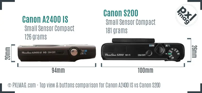 Canon A2400 IS vs Canon S200 top view buttons comparison Canon A2400 IS vs Canon S200 top view buttons comparison