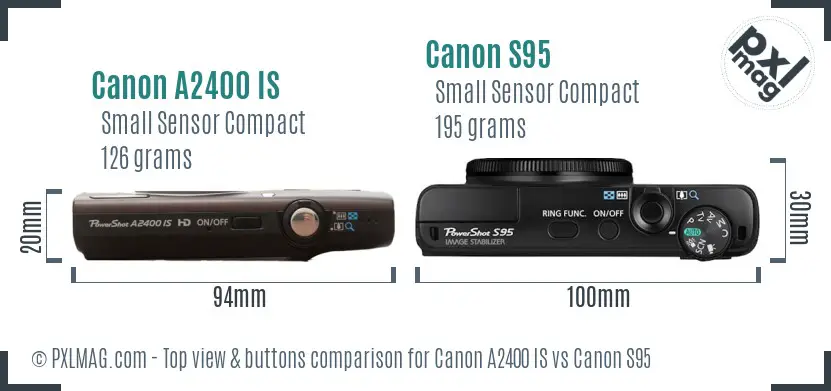 Canon A2400 IS vs Canon S95 top view buttons comparison