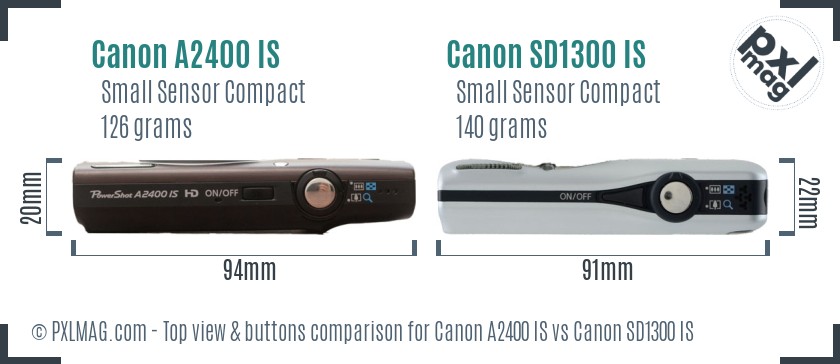 Canon A2400 IS vs Canon SD1300 IS top view buttons comparison