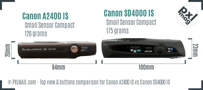 Canon A2400 IS vs Canon SD4000 IS top view buttons comparison