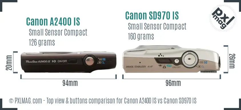 Canon A2400 IS vs Canon SD970 IS top view buttons comparison