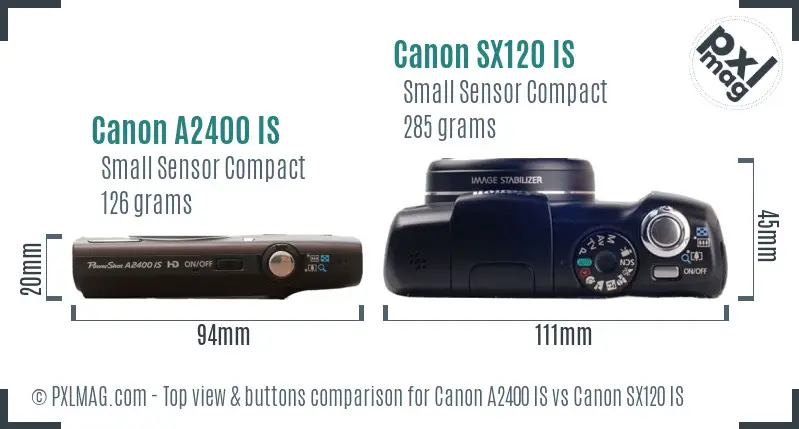 Canon A2400 IS vs Canon SX120 IS top view buttons comparison