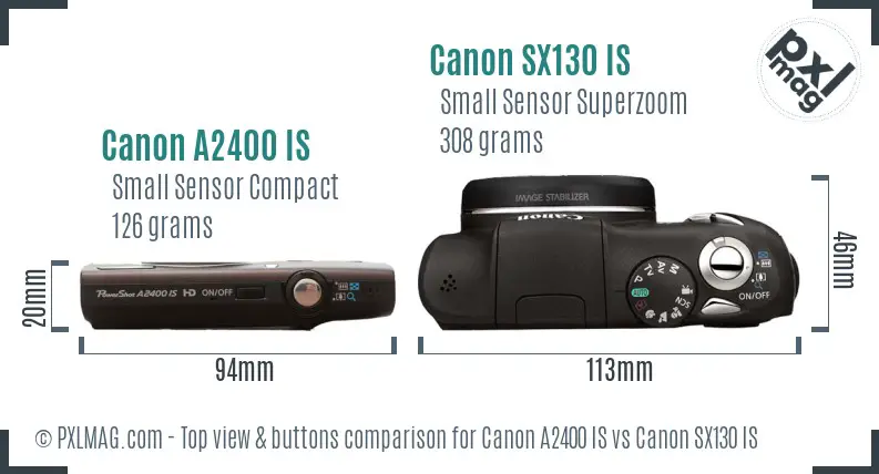 Canon A2400 IS vs Canon SX130 IS top view buttons comparison