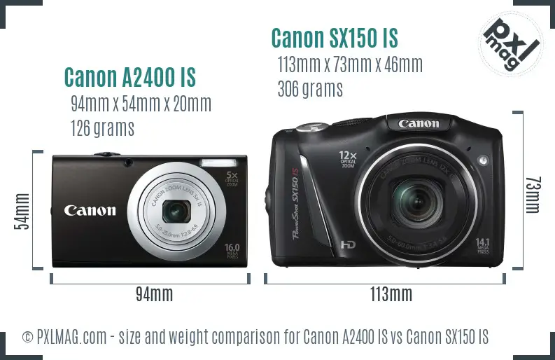 Canon A2400 IS vs Canon SX150 IS size comparison Canon A2400 IS vs Canon SX150 IS size comparison