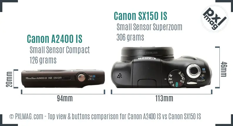 Canon A2400 IS vs Canon SX150 IS top view buttons comparison Canon A2400 IS vs Canon SX150 IS top view buttons comparison