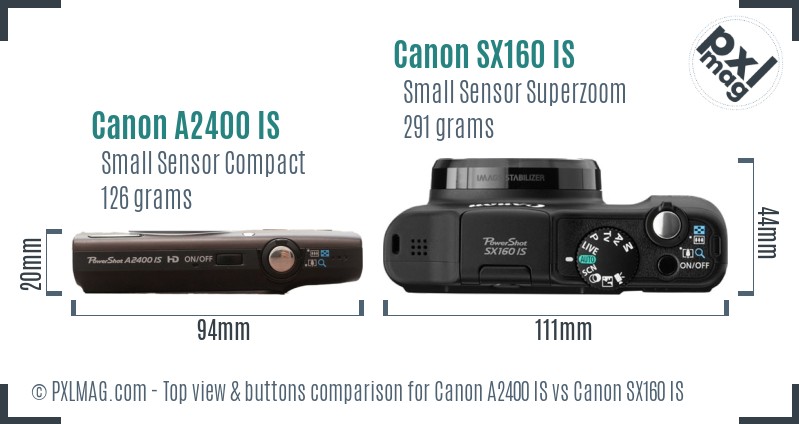Canon A2400 IS vs Canon SX160 IS top view buttons comparison