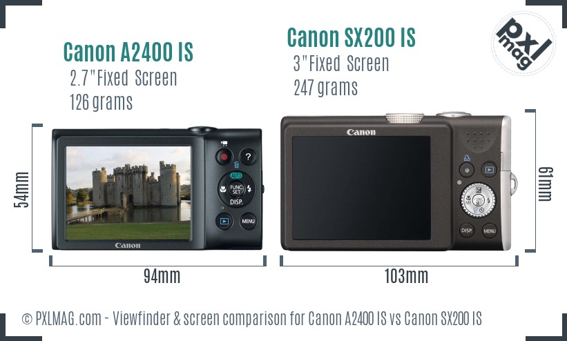Canon A2400 IS vs Canon SX200 IS Screen and Viewfinder comparison