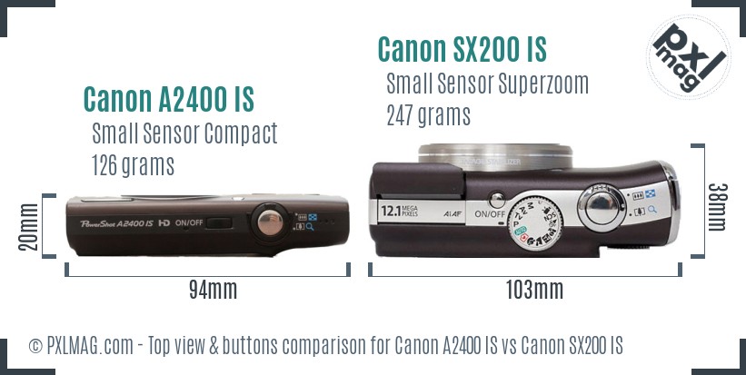 Canon A2400 IS vs Canon SX200 IS top view buttons comparison