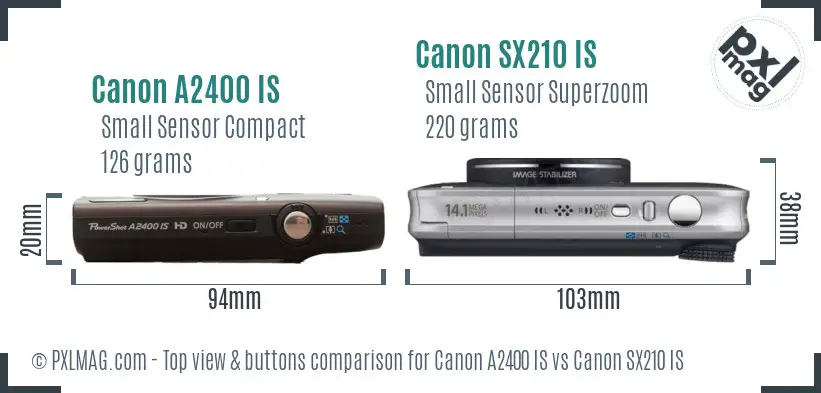 Canon A2400 IS vs Canon SX210 IS top view buttons comparison