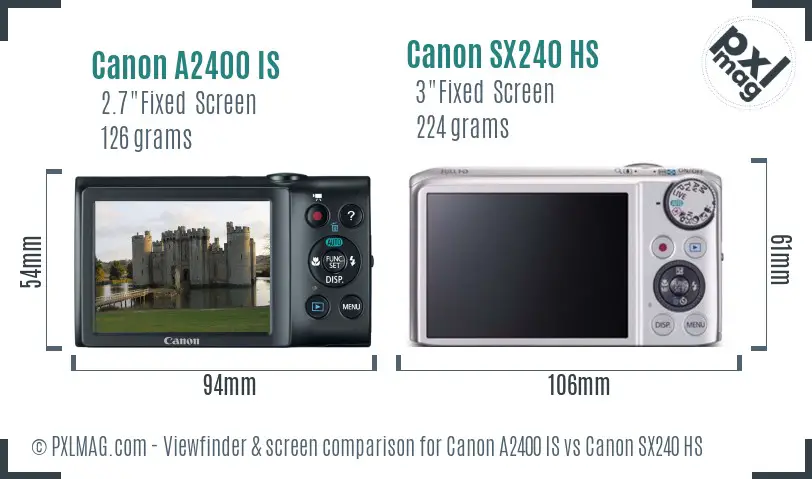 Canon A2400 IS vs Canon SX240 HS Screen and Viewfinder comparison