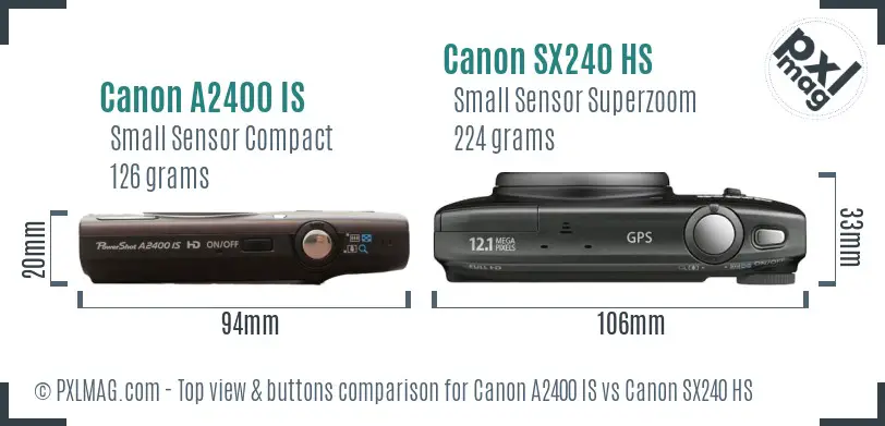 Canon A2400 IS vs Canon SX240 HS top view buttons comparison