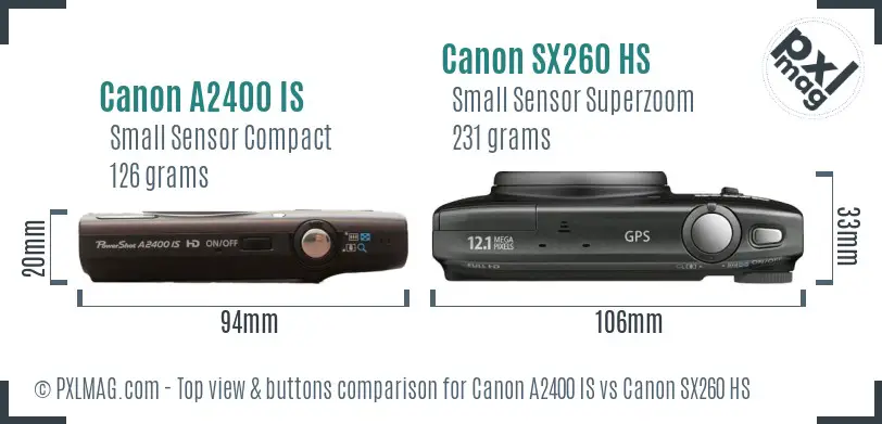 Canon A2400 IS vs Canon SX260 HS top view buttons comparison