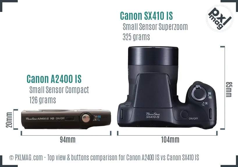 Canon A2400 IS vs Canon SX410 IS top view buttons comparison