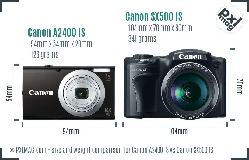 Canon A2400 IS vs Canon SX500 IS size comparison Canon A2400 IS vs Canon SX500 IS size comparison