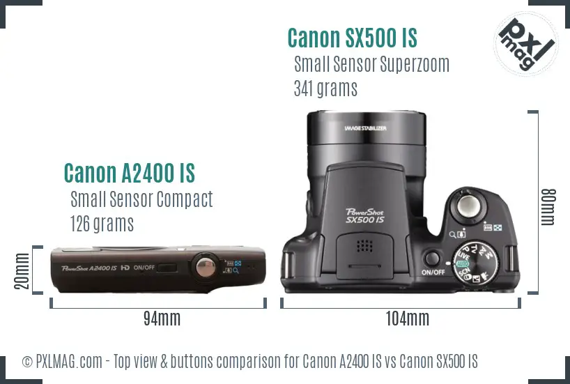Canon A2400 IS vs Canon SX500 IS top view buttons comparison Canon A2400 IS vs Canon SX500 IS top view buttons comparison