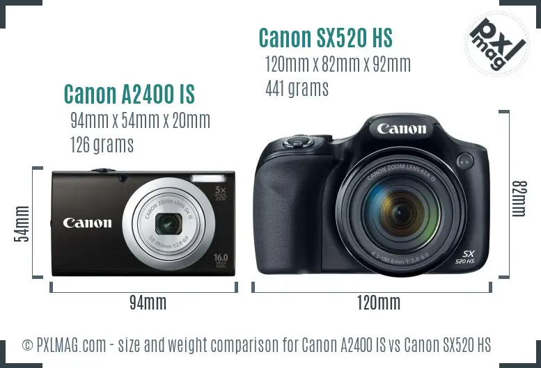 Canon A2400 IS vs Canon SX520 HS size comparison Canon A2400 IS vs Canon SX520 HS size comparison