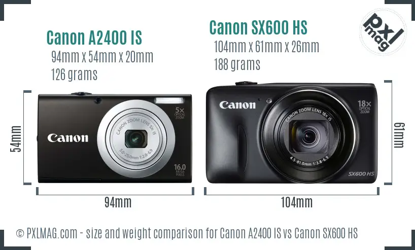 Canon A2400 IS vs Canon SX600 HS size comparison Canon A2400 IS vs Canon SX600 HS size comparison