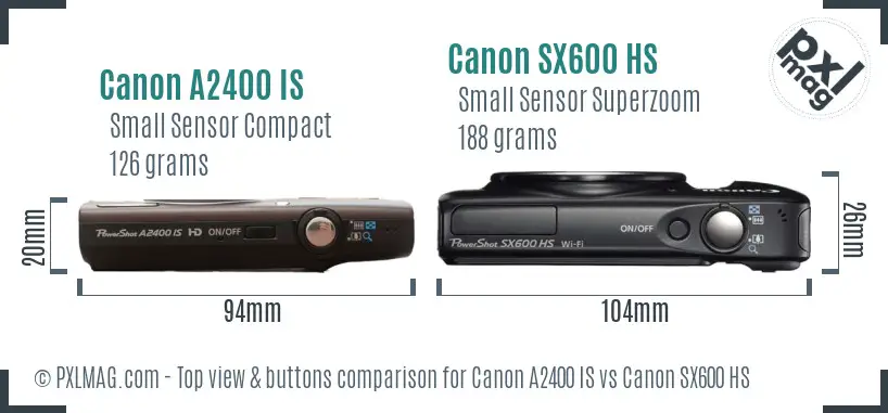 Canon A2400 IS vs Canon SX600 HS top view buttons comparison Canon A2400 IS vs Canon SX600 HS top view buttons comparison