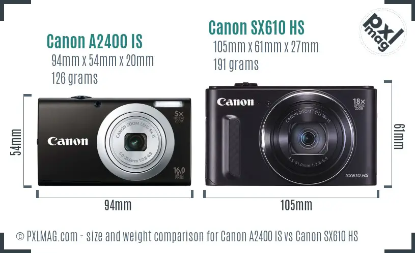Canon A2400 IS vs Canon SX610 HS size comparison