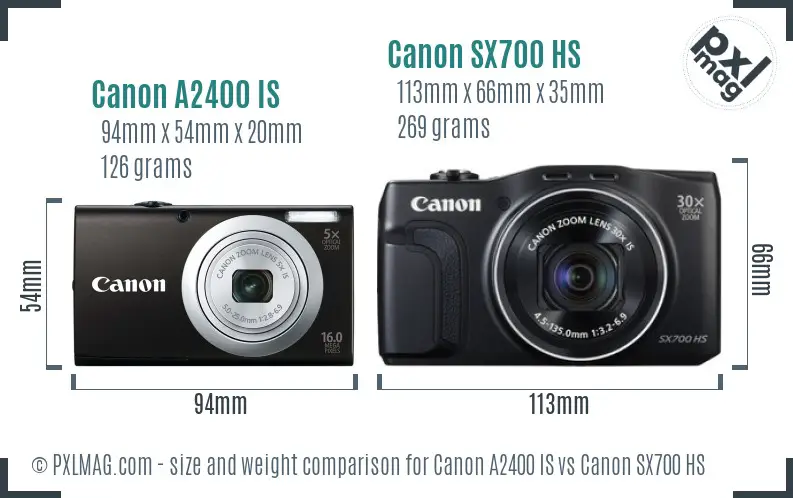 Canon A2400 IS vs Canon SX700 HS size comparison