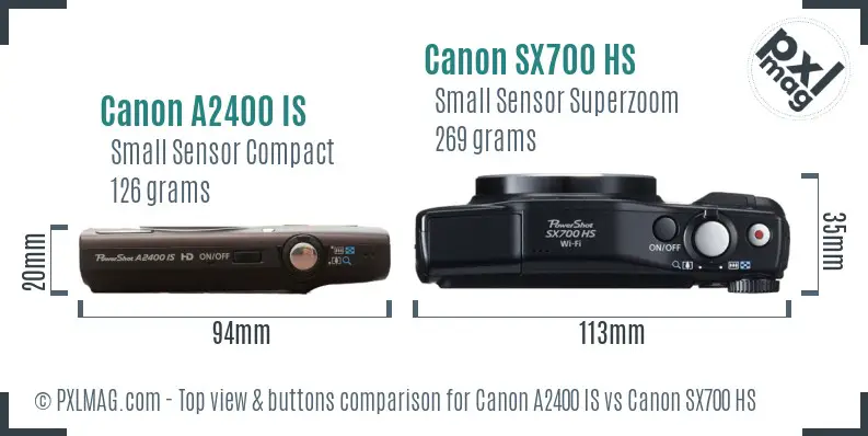 Canon A2400 IS vs Canon SX700 HS top view buttons comparison