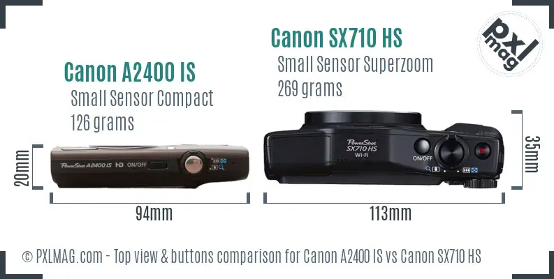 Canon A2400 IS vs Canon SX710 HS top view buttons comparison Canon A2400 IS vs Canon SX710 HS top view buttons comparison