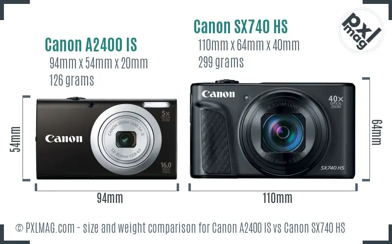 Canon A2400 IS vs Canon SX740 HS size comparison