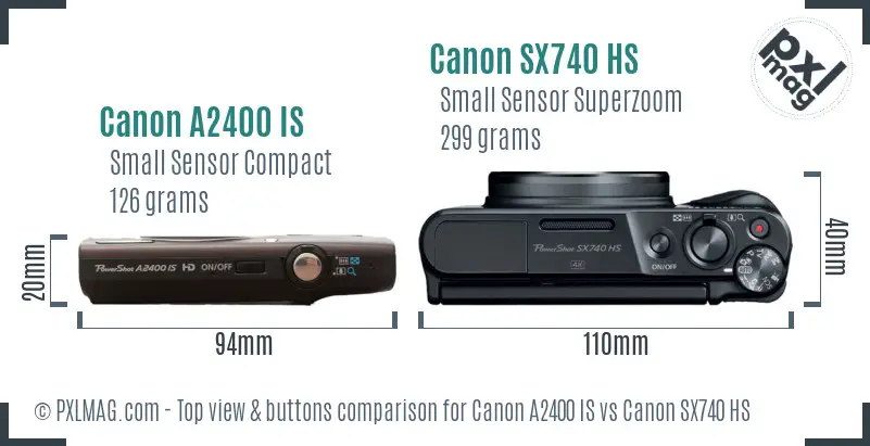 Canon A2400 IS vs Canon SX740 HS top view buttons comparison