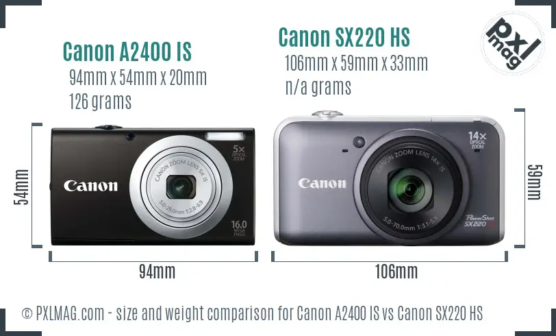 Canon A2400 IS vs Canon SX220 HS size comparison