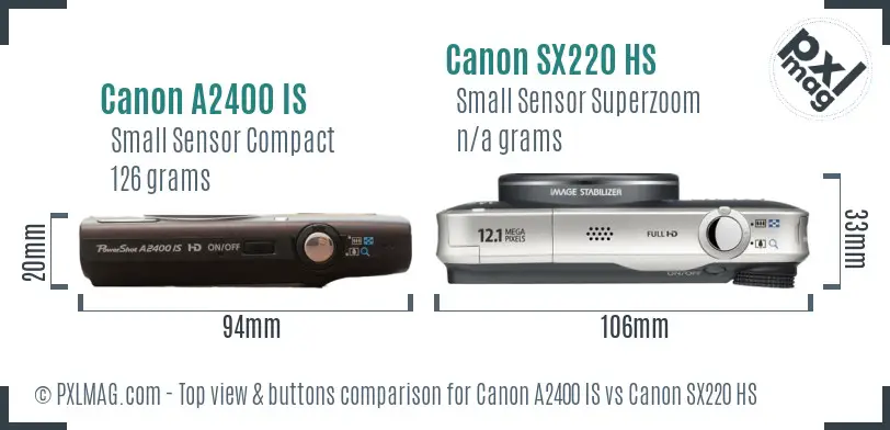 Canon A2400 IS vs Canon SX220 HS top view buttons comparison