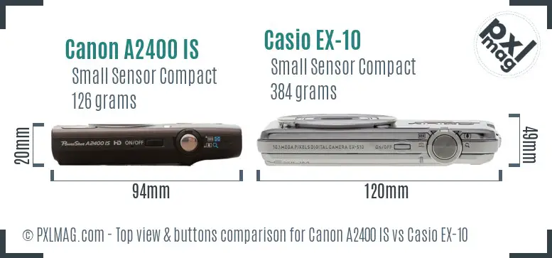 Canon A2400 IS vs Casio EX-10 top view buttons comparison