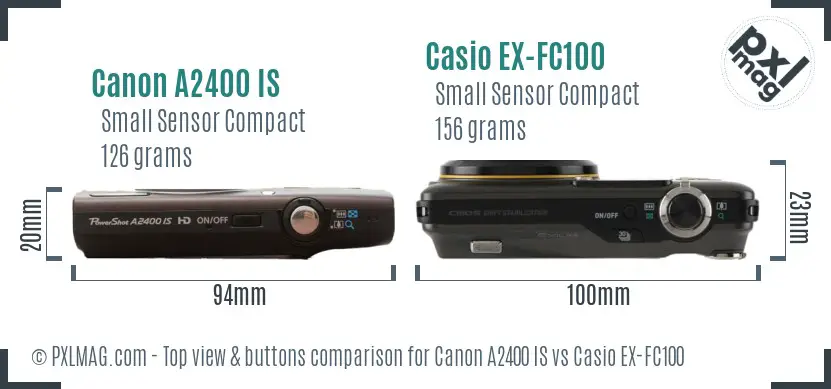 Canon A2400 IS vs Casio EX-FC100 top view buttons comparison