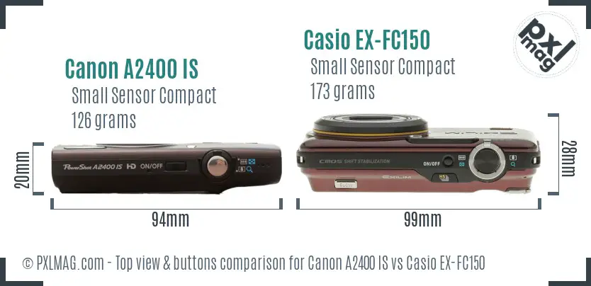 Canon A2400 IS vs Casio EX-FC150 top view buttons comparison