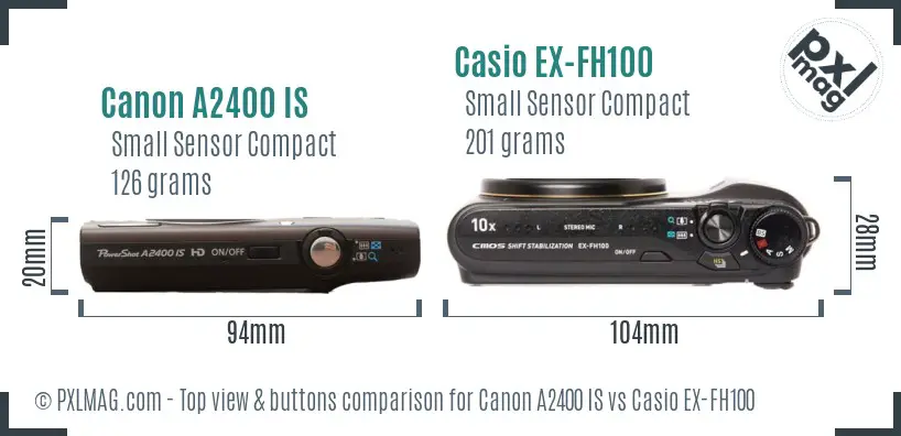 Canon A2400 IS vs Casio EX-FH100 top view buttons comparison