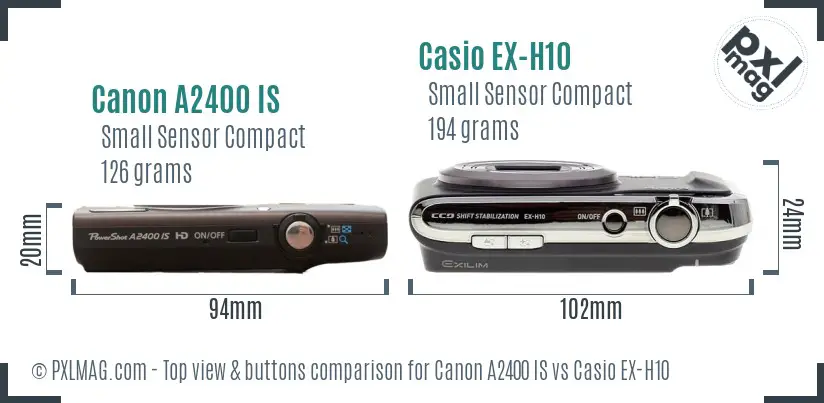 Canon A2400 IS vs Casio EX-H10 top view buttons comparison